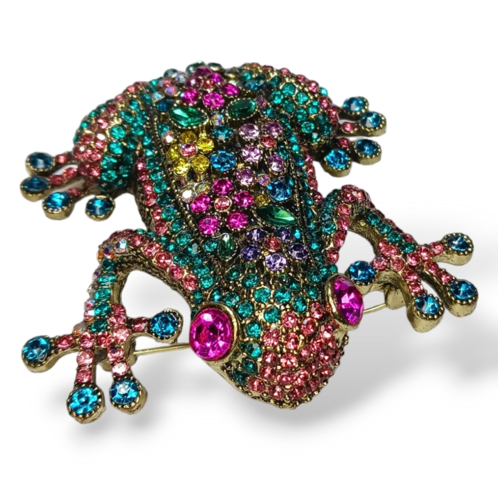 Crystal Rhinestone Pastel Party Frog Bling Brooch Pin Pink Eyes